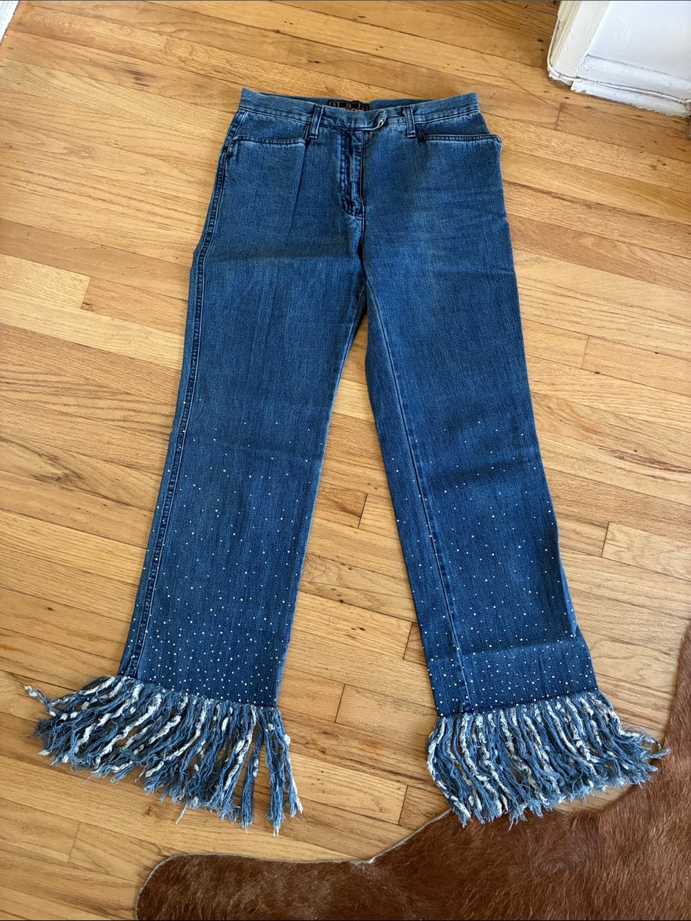 Fendi Blue Denim Wide-Leg Jeans with Fringed Hem rhinestones size small